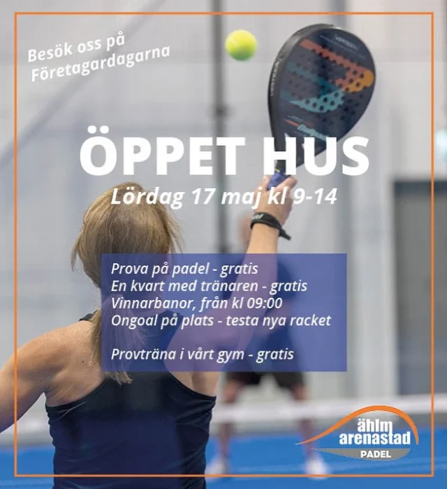På lördag 17 maj har vi öppet hus i padelhallen i samband med Företagardagrna. Mellan 9-14 kan ni prova på padel, boka bana gratis i receptionen i 20 minuter, ni kan få en gratis introduktion i den härliga padelsporten på 15 minuter av vår tränare Henrik Lantz som ni också bokar i receptionen. Eller så har vi vinnarbanor split från kl 9 - anmälan sker i MATCHi. 
Magnus från Ongoal har testracket som ni kan testa och så kan ni prova vårt gym. Eller kom bara in och kika runt. 😃🎾
Varmt välkomna till ÄHLM Arenastad Padel!